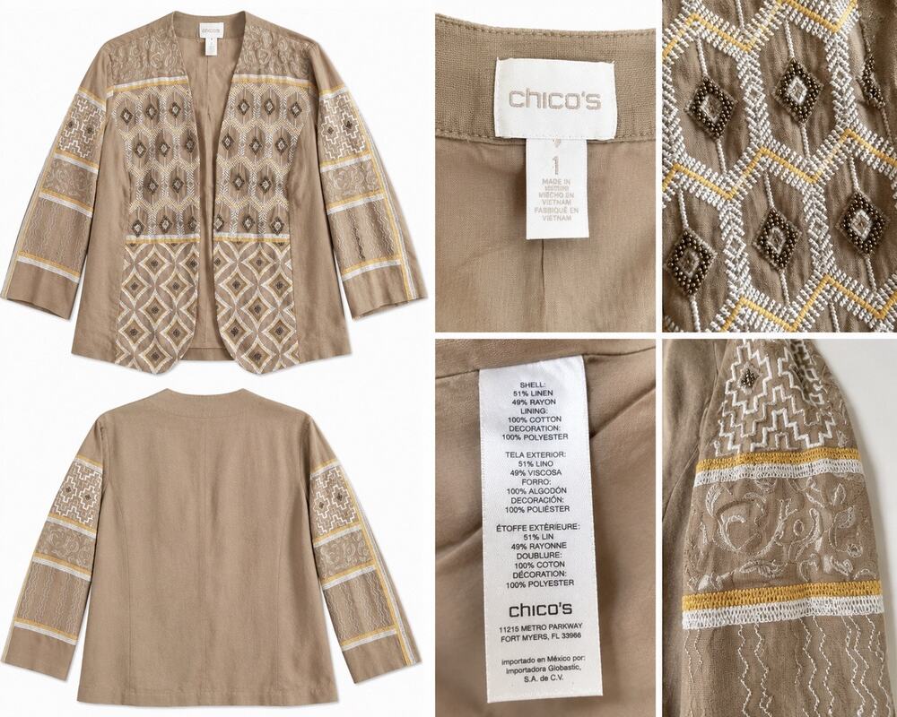 Chico’s Linen Blend Embroidered Beaded Open Front Jacket Size 1